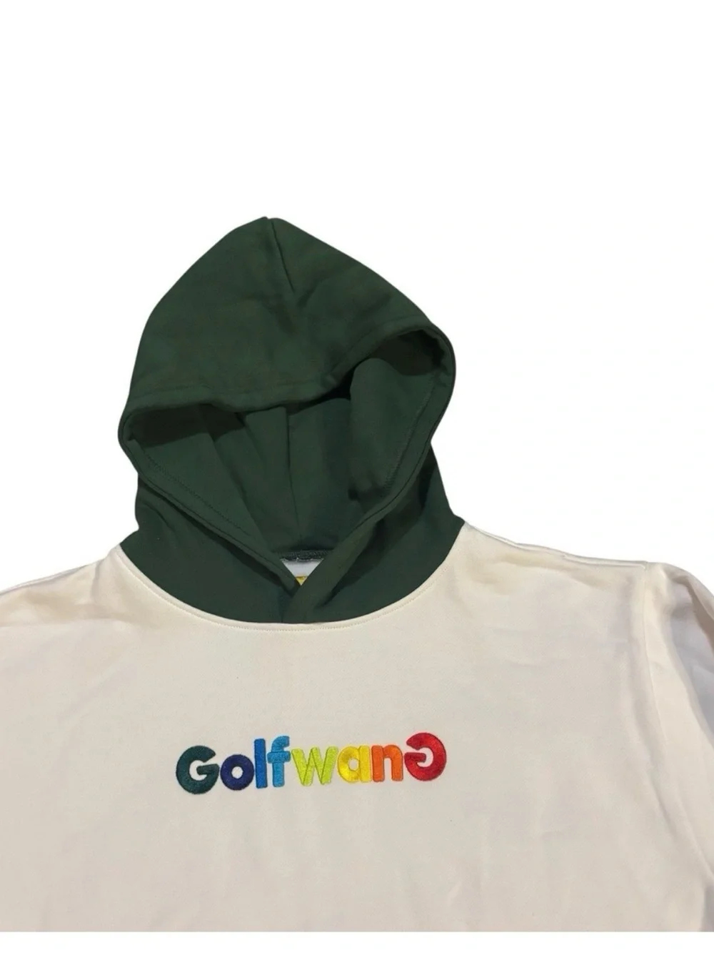 Golf Wang / Tyler the Creator White Hoodie with Green Hood and Trim / happy logo